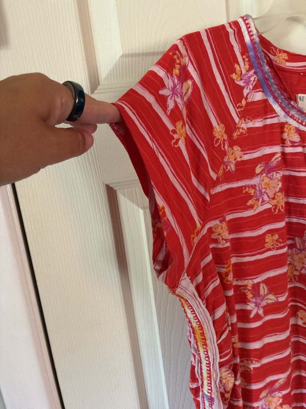 We The Free Red Striped Floral Embroidered Cap Sleeve Tee - Picture 4 of 6